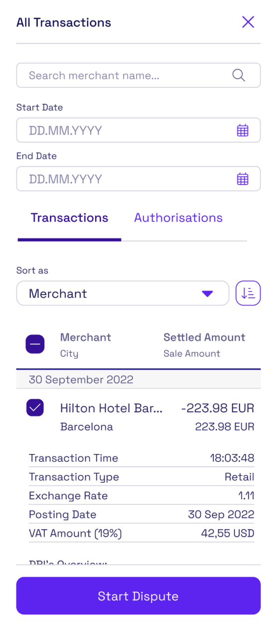 App screen showing transaction filter