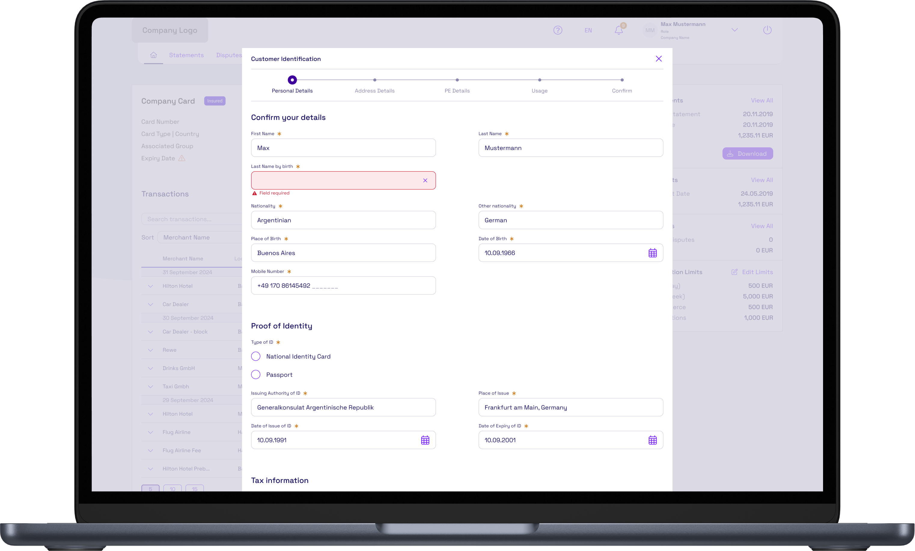 Laptop screen showing error handling in a customer identification process
