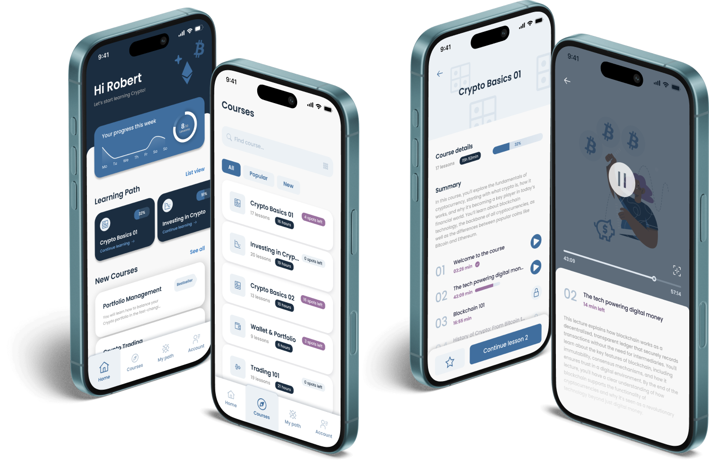 Crypto learning app - overview of functionalities