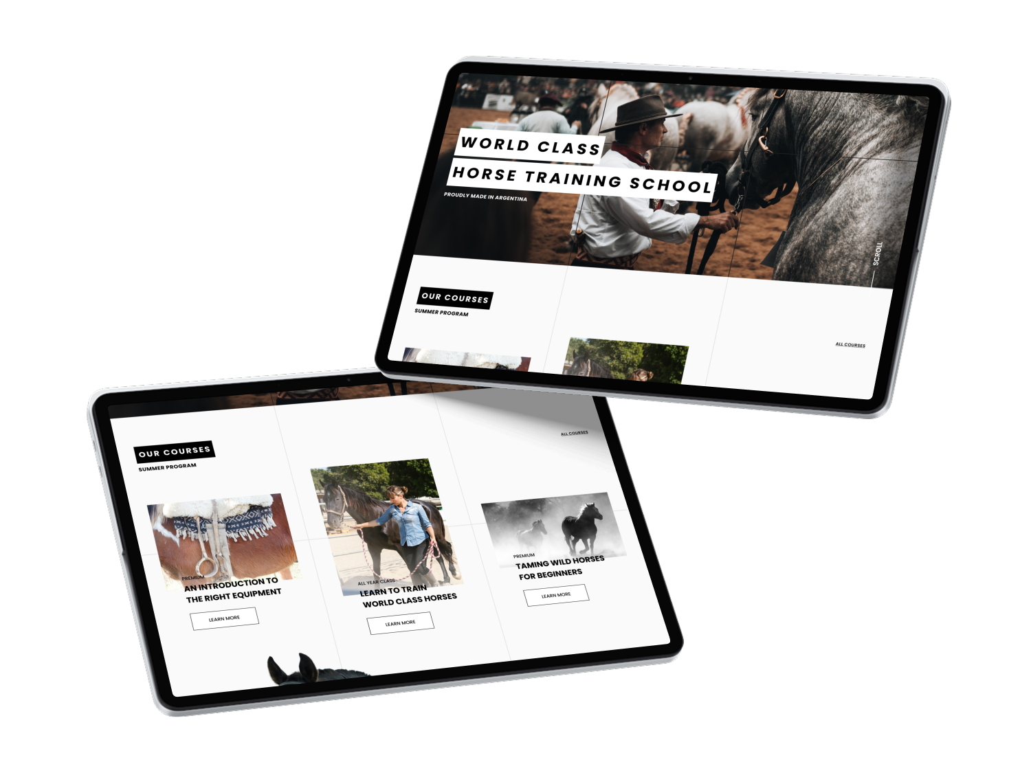 Two tablets showing Web Designs for a horse training business