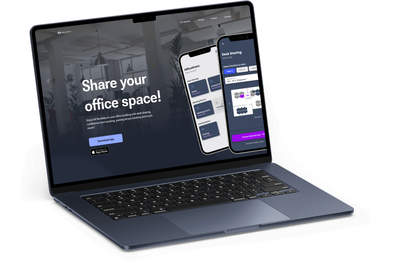 Laptop showing a Web Design of a landing page for office sharing app