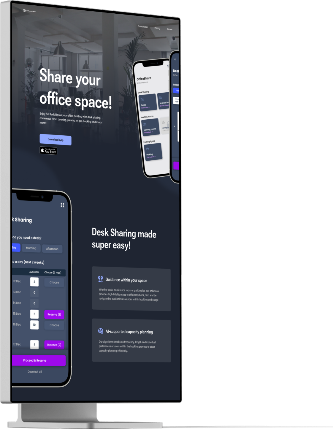 High computer screen showing a Web Design of a landing page for office sharing app
