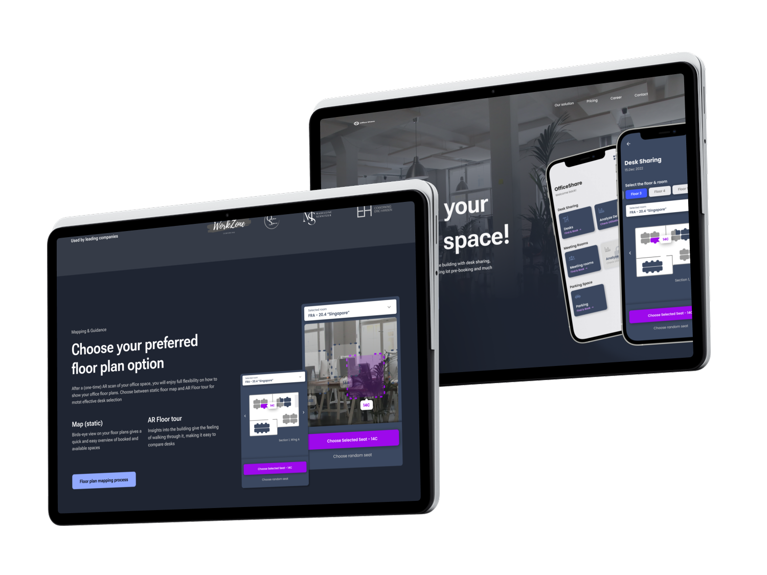 Two tablets showing Web Designs of a landing page for office sharing app