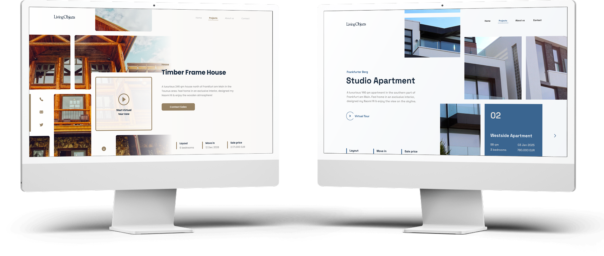 Two Desktop computer showing two different Web Designs for a Real estate business