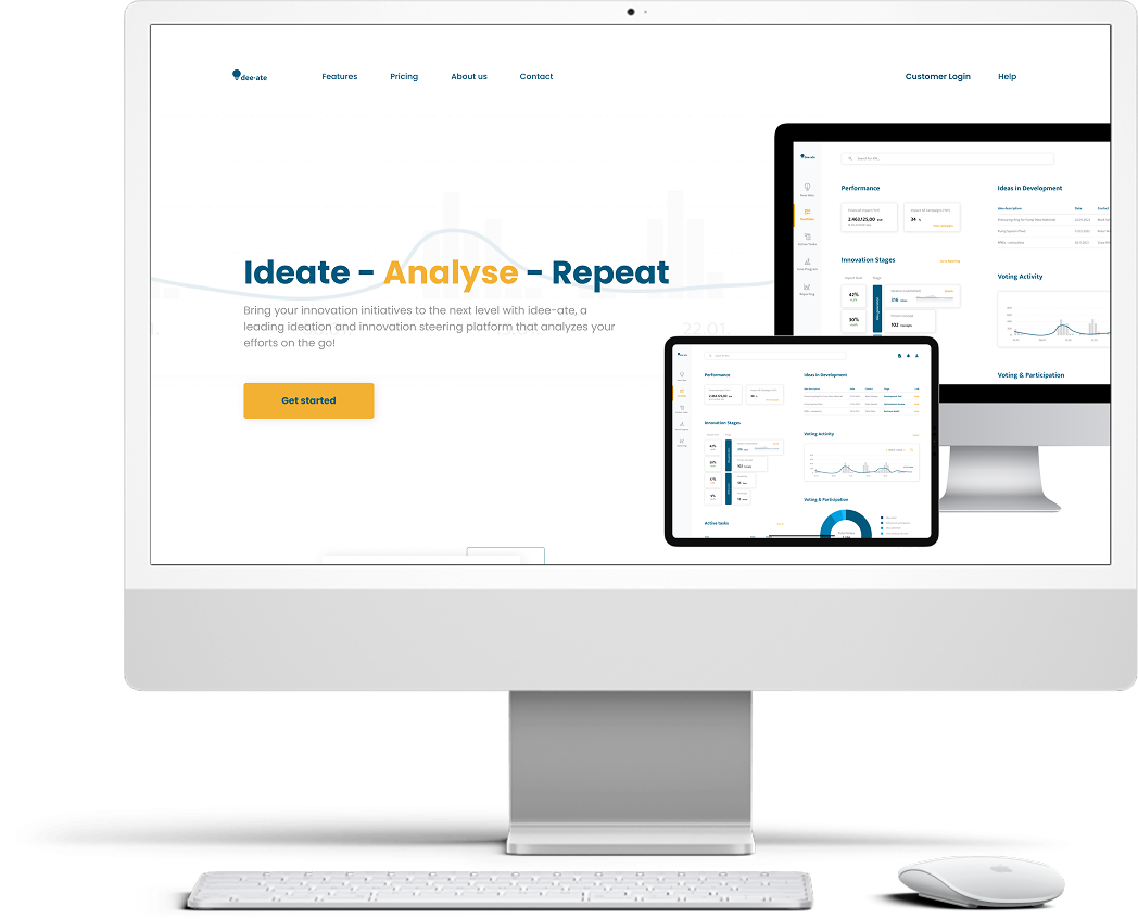 Desktop computer showing a Web Design for a idea and innovation management platform