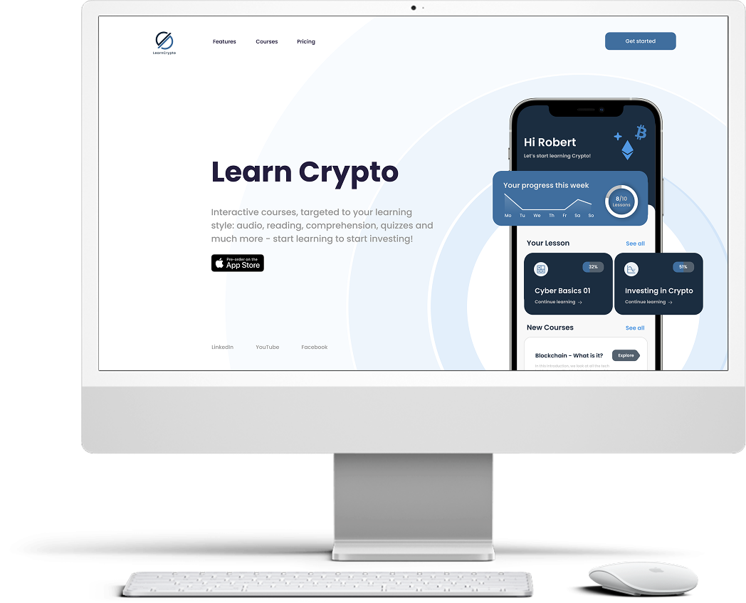 Desktop computer showing a Web Design for an education platform on crypto