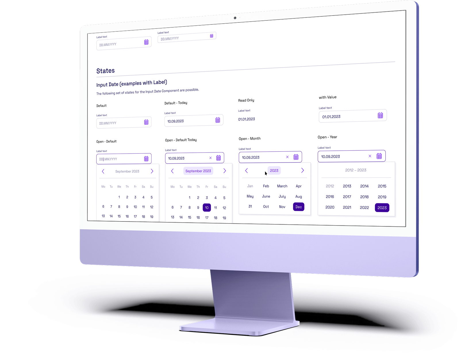 Desktop monitor displaying various states of a date input component with calendars showing dates in September 2023 and years from 2012 to 2023.