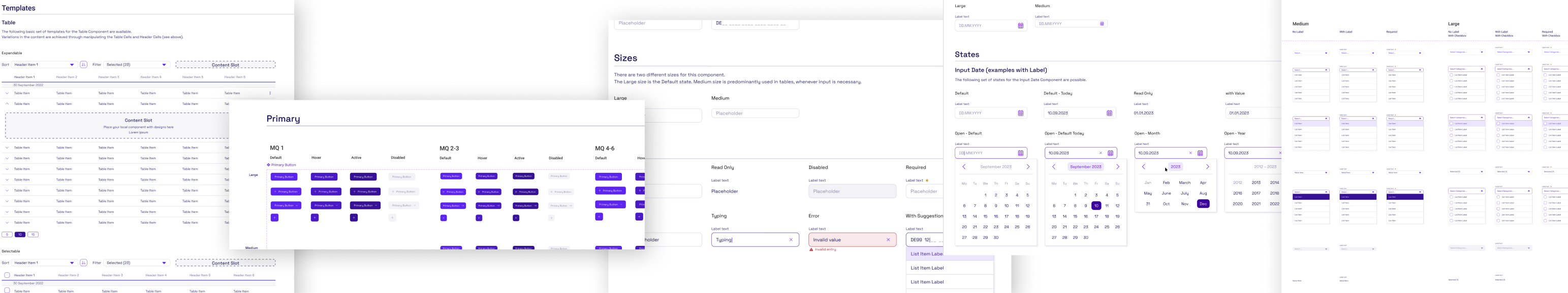Multiple UI component templates including table with sortable and selectable rows, primary buttons in various states, input date selectors with calendar popups, input states with errors and suggestions, and form field layouts in different sizes.