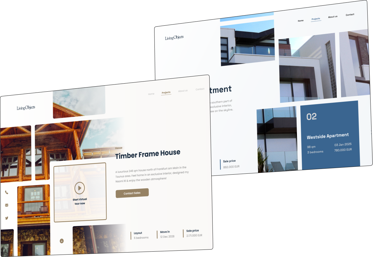 Two real estate project webpage designs showing Timber Frame House and Westside Apartment with images, details, and contact options.