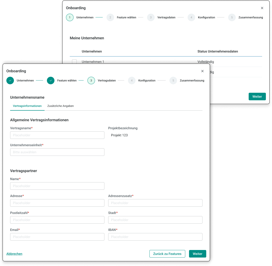 Two overlapping screenshots of an onboarding interface in German, showing steps for company setup and contract data entry with input fields and navigation buttons.