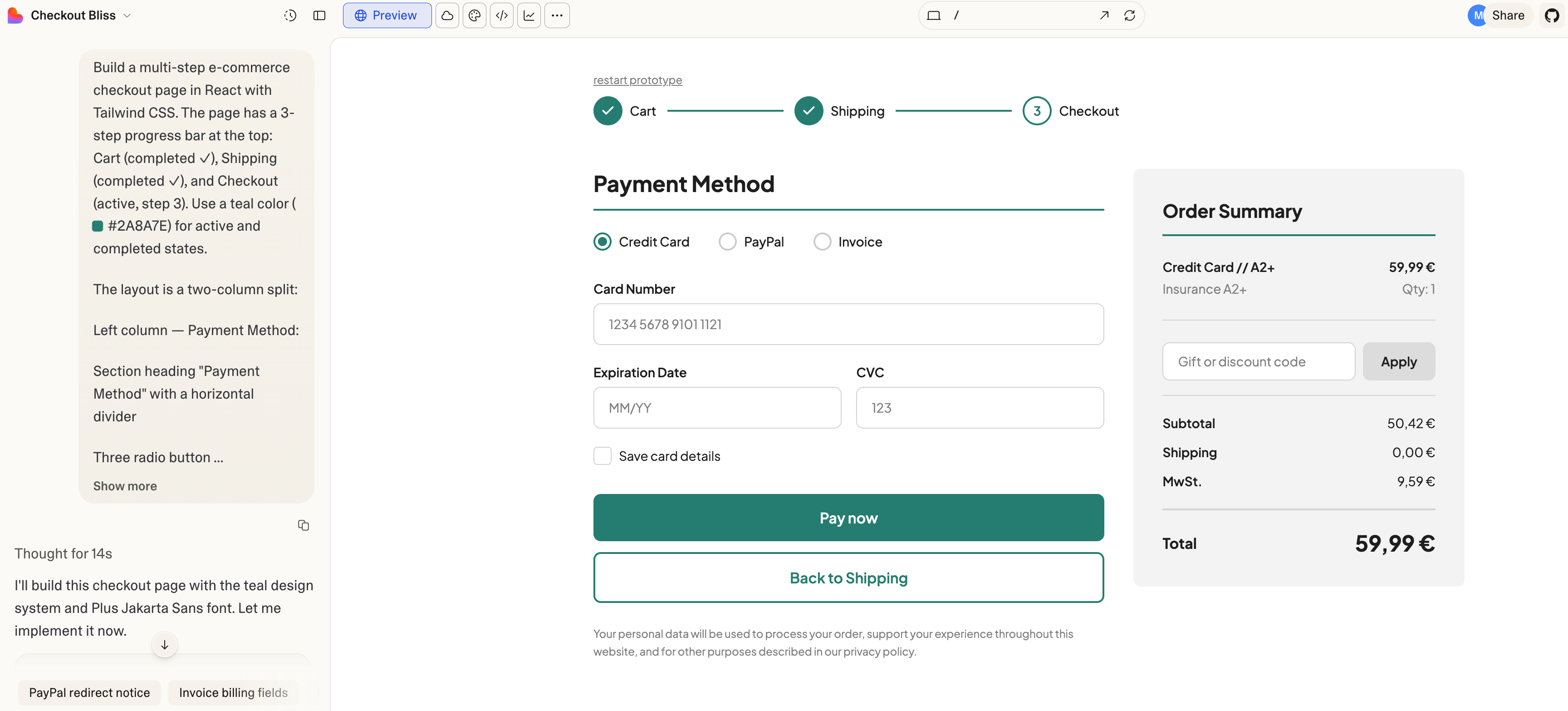Prompt window side-by-side with a Payment checkout process step for entering the payment method