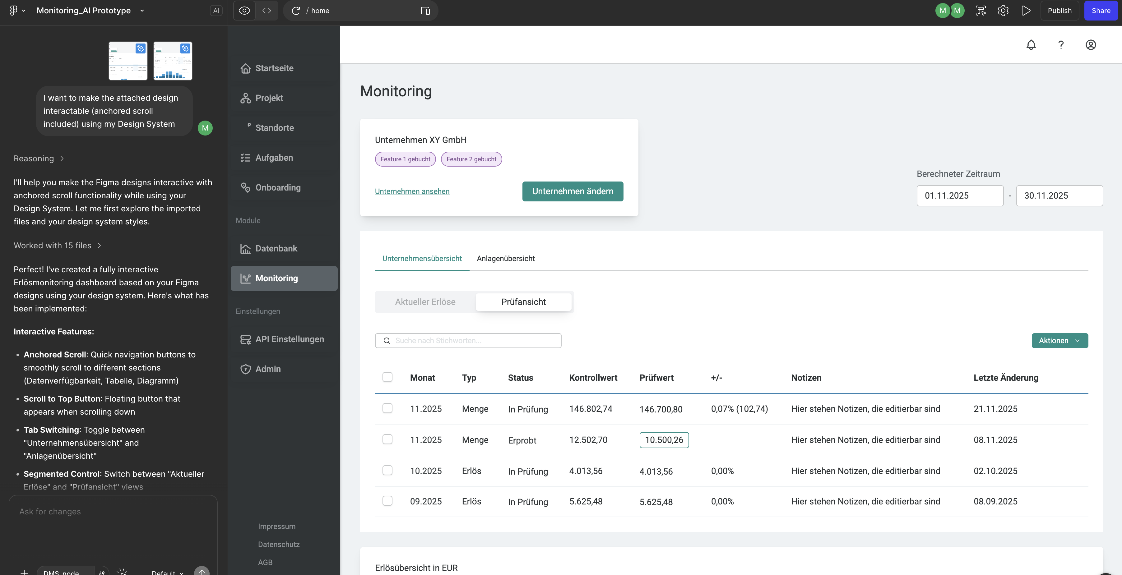 Figma Make prompt window side-by-side with output UI of a dashboard