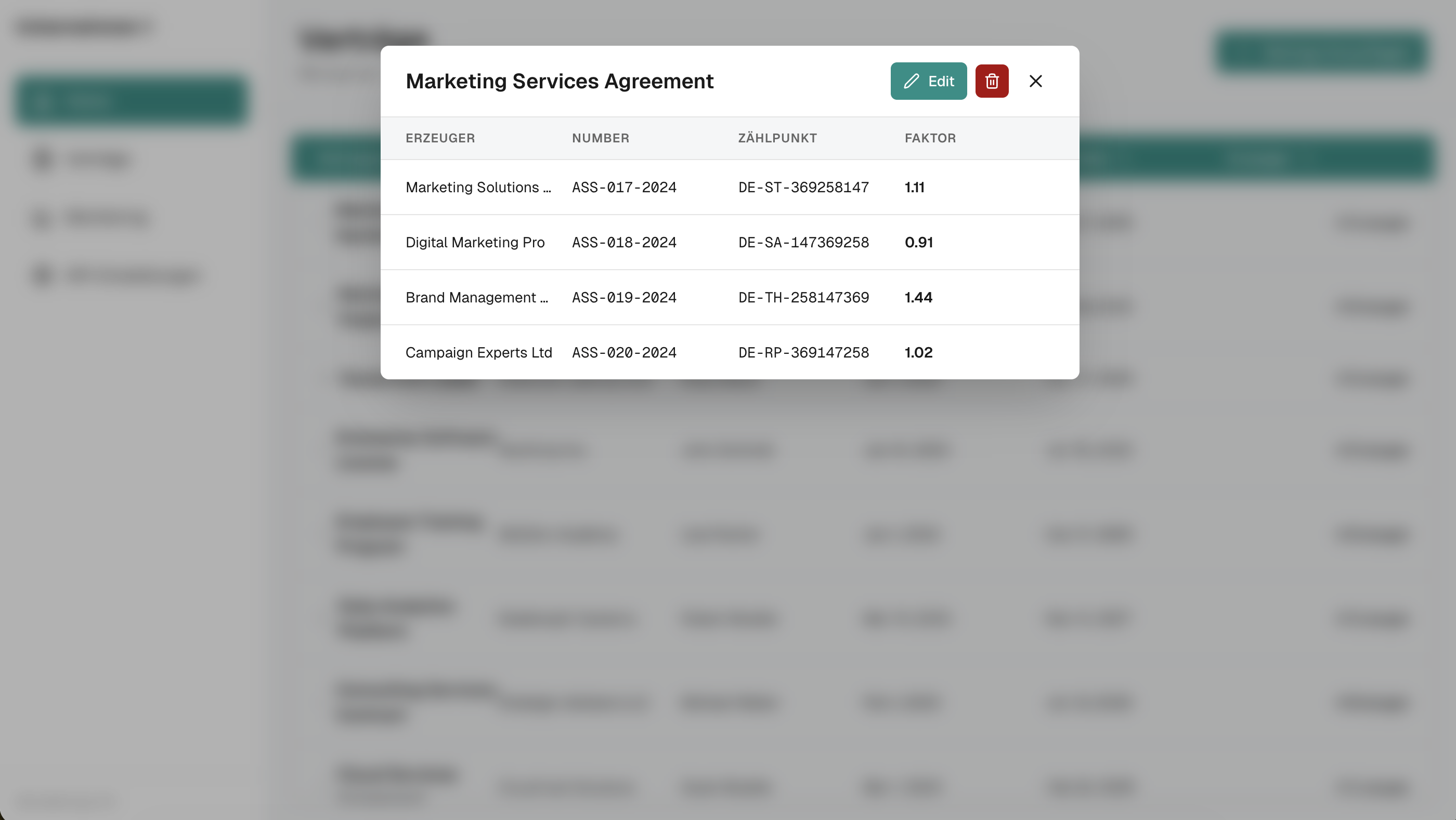v0 - modal overlay to table design showing contract details