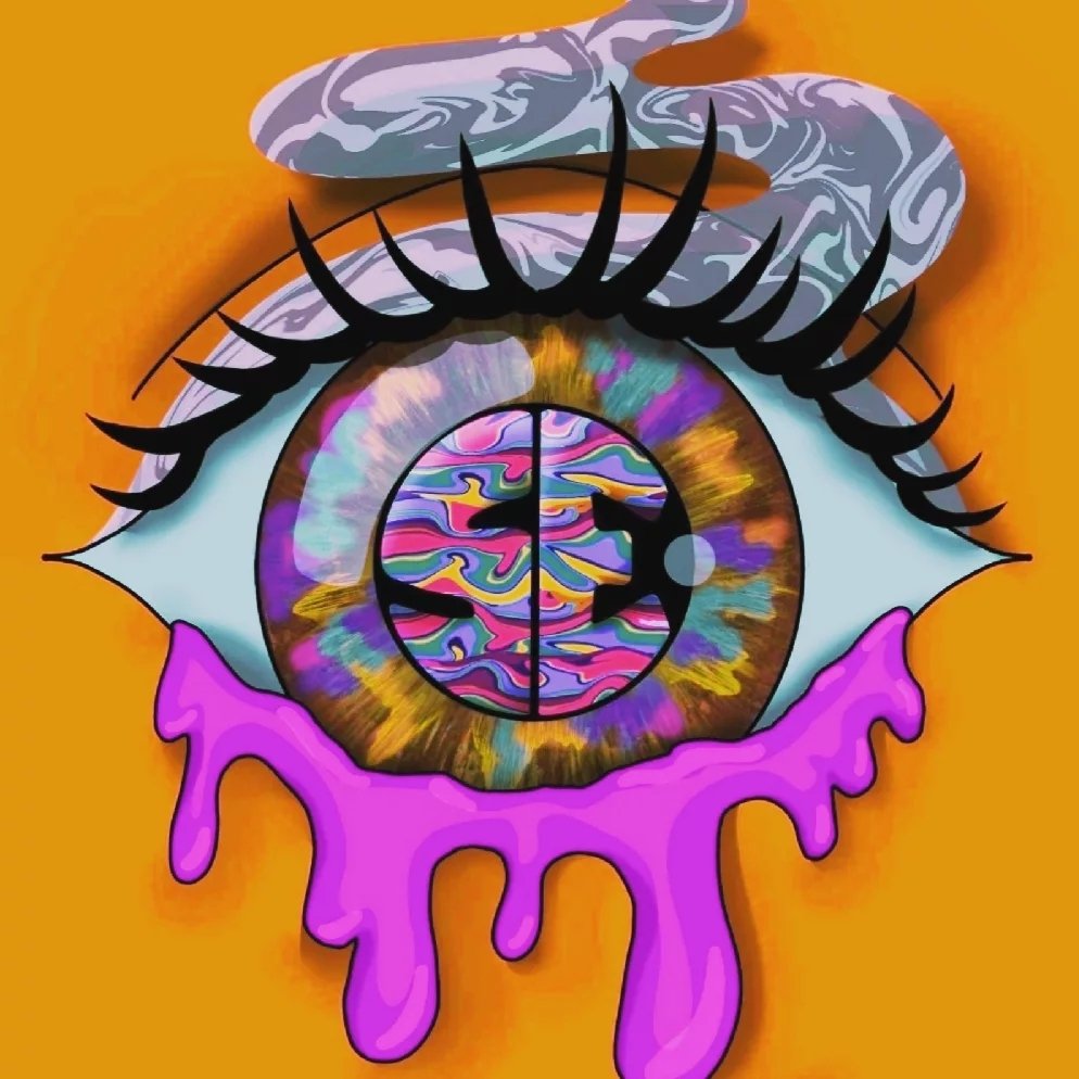 Colorful artistic eye illustration with psychedelic patterns in the iris and pupil, black eyelashes, purple dripping tears, and gray smoke above on an orange background.