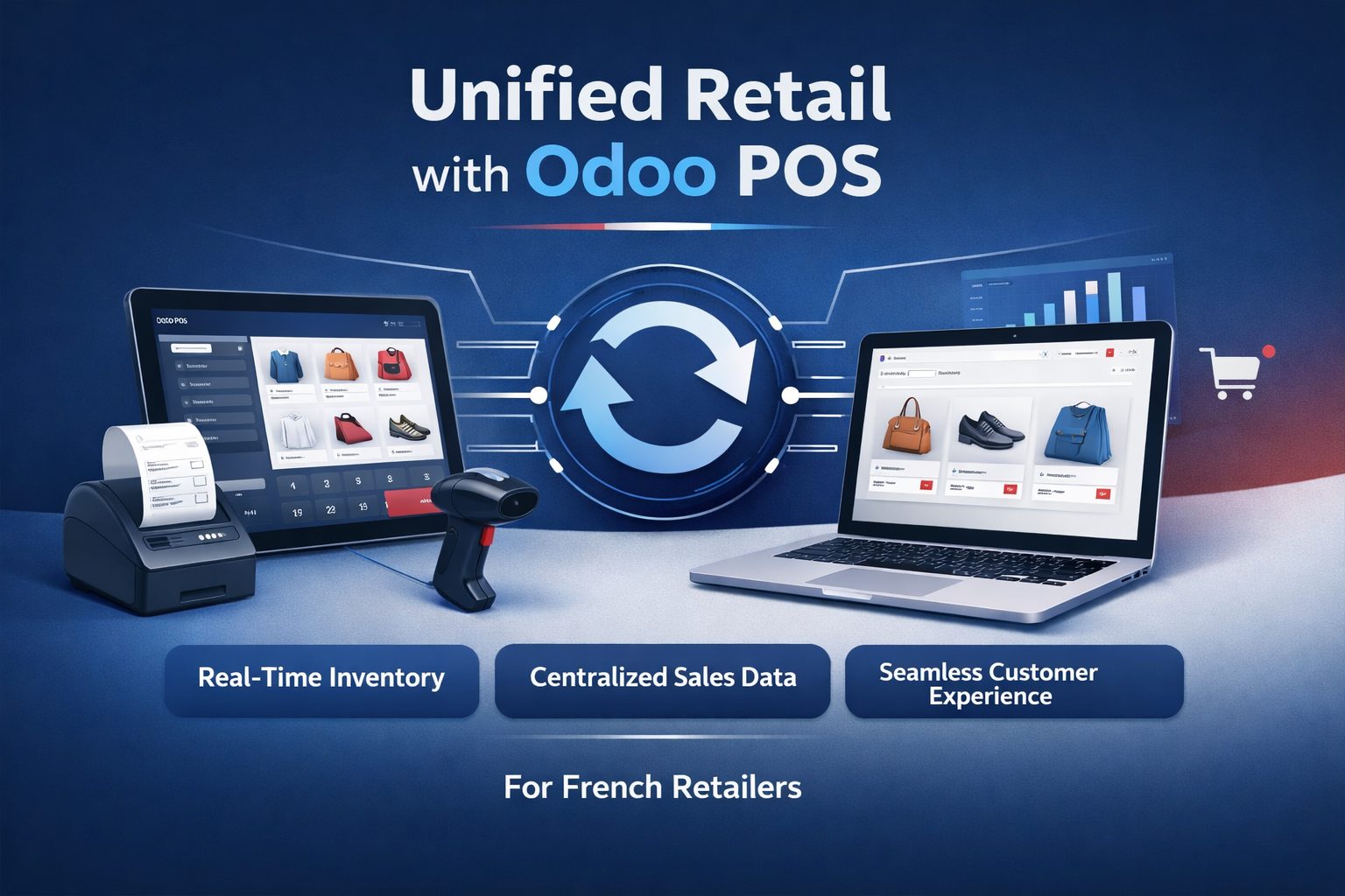 Odoo POS system integrated with e-commerce platform showing real-time inventory sync, centralized sales data, and seamless customer experience for French retailers
