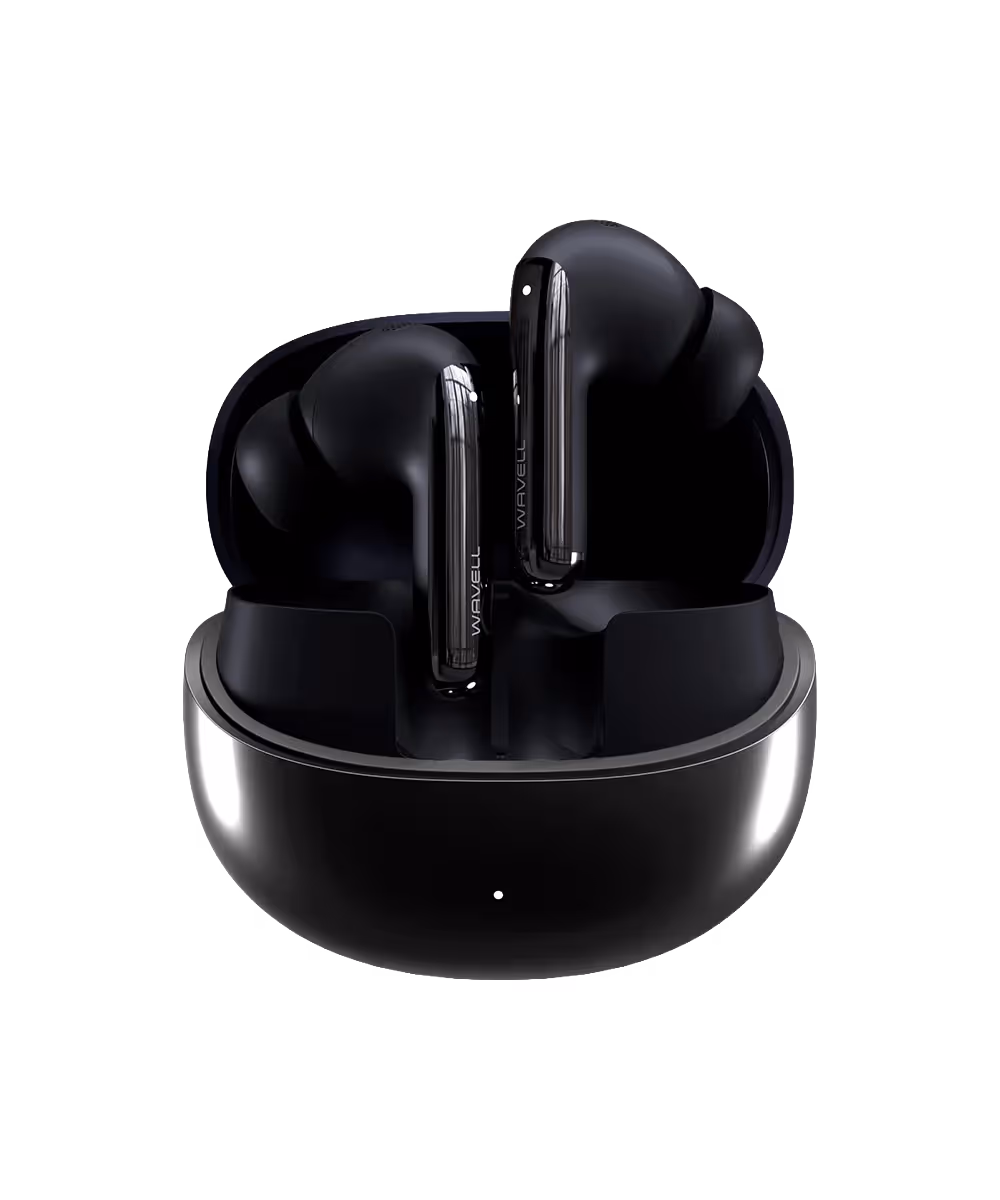 Black wireless earbuds labeled Wavell in an open charging case.