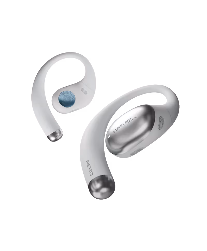White and silver Wavell Aero wireless earbuds with ergonomic ear hooks.