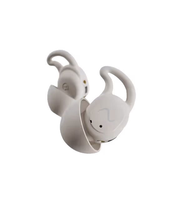 Close-up of white wireless earbuds with ear hooks on a white background.