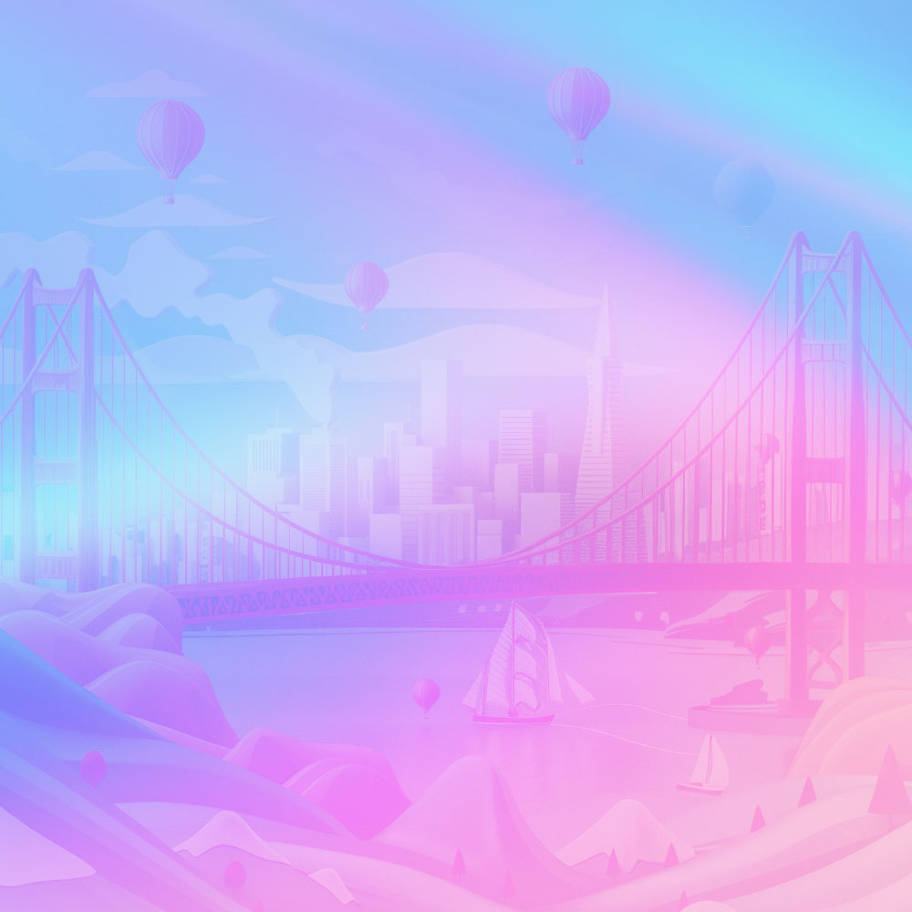 Stylized San Francisco skyline with Golden Gate Bridge, sailboats, and hot air balloons in pastel hues.