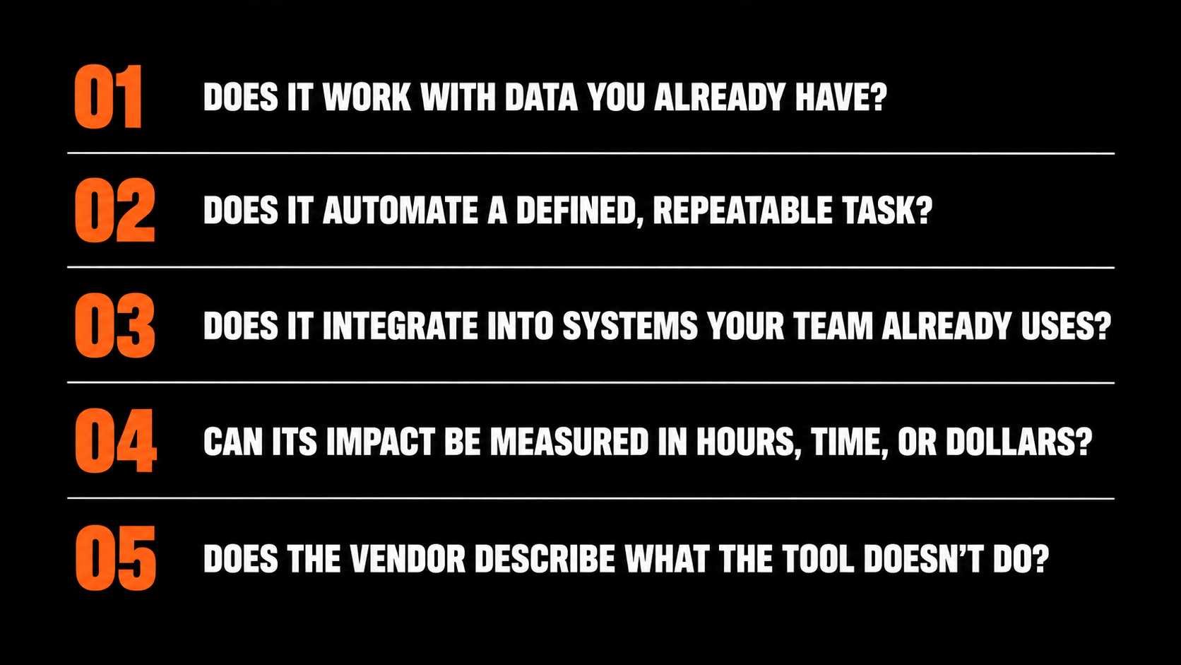 Five questions for evaluating hotel AI tools, from data compatibility and automation fit to measurable ROI and vendor transparency.