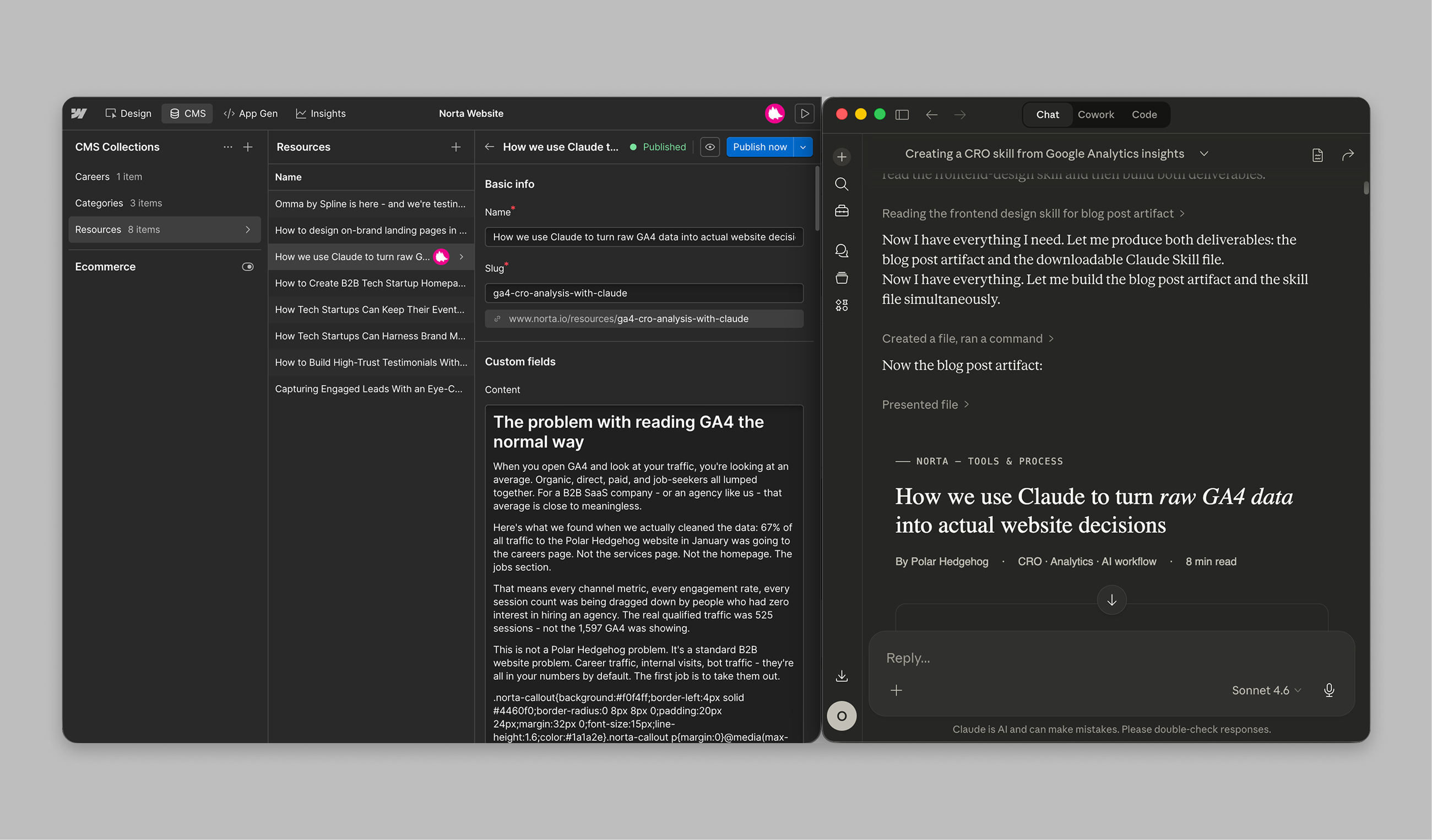 Claude and Webflow CMS side by side - publishing a blog post via MCP without logging into the editor