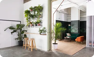STMNT Studios lounge area with plant wall and seating