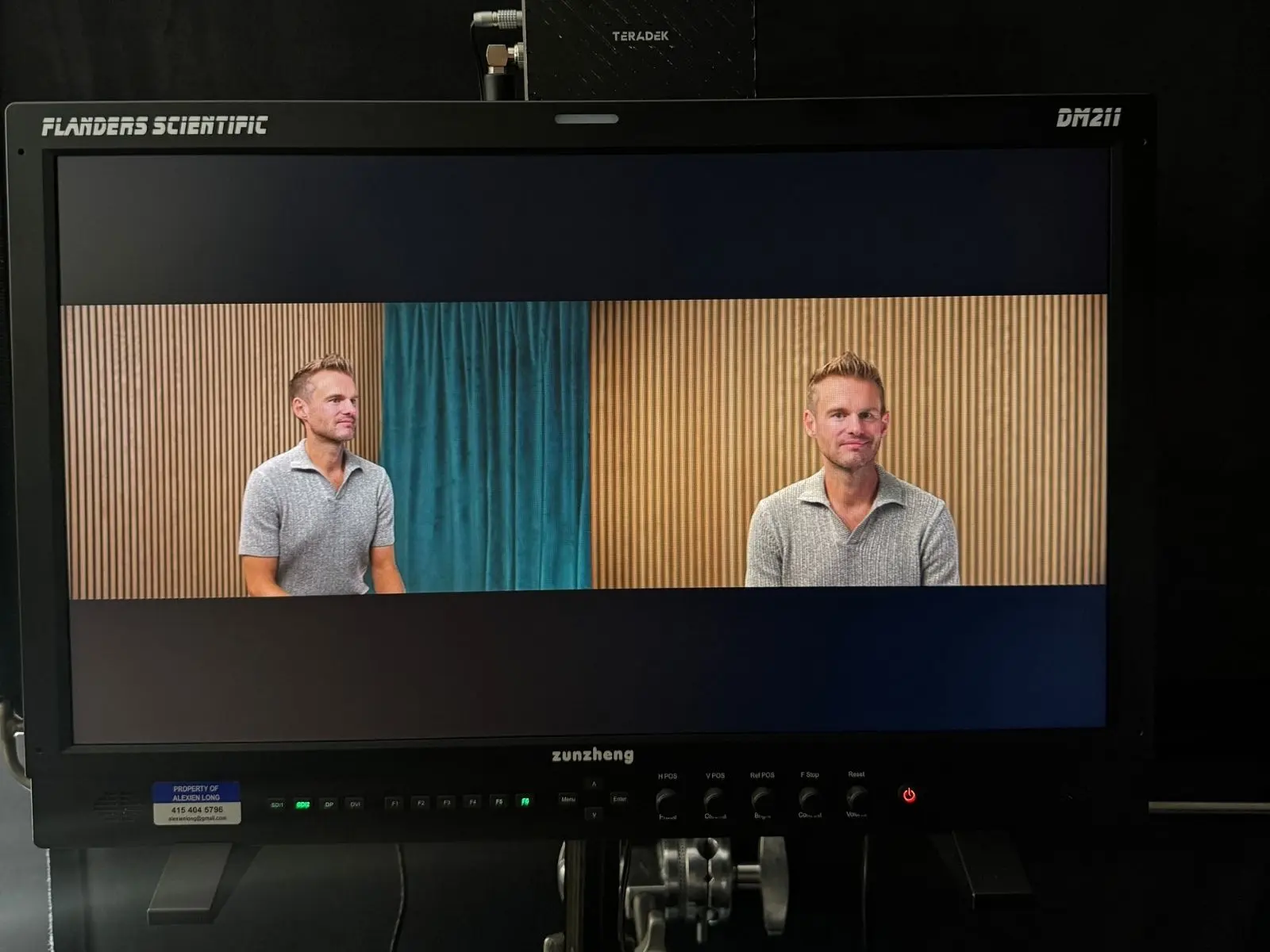 Dual-camera interview framing on a reference monitor during a Plaid fintech video shoot in San Francisco