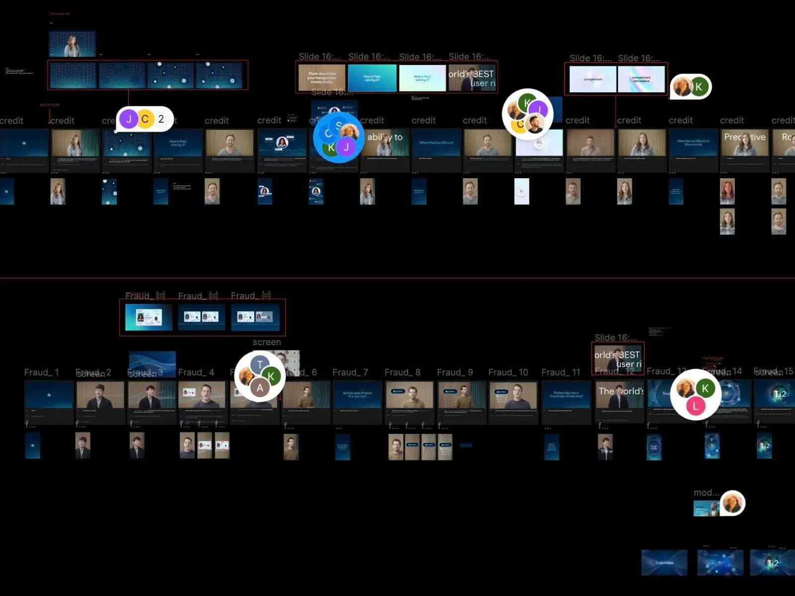 Edit planning board mapping interview clips, motion graphics and slide sequences for Plaid's Fall Release videos
