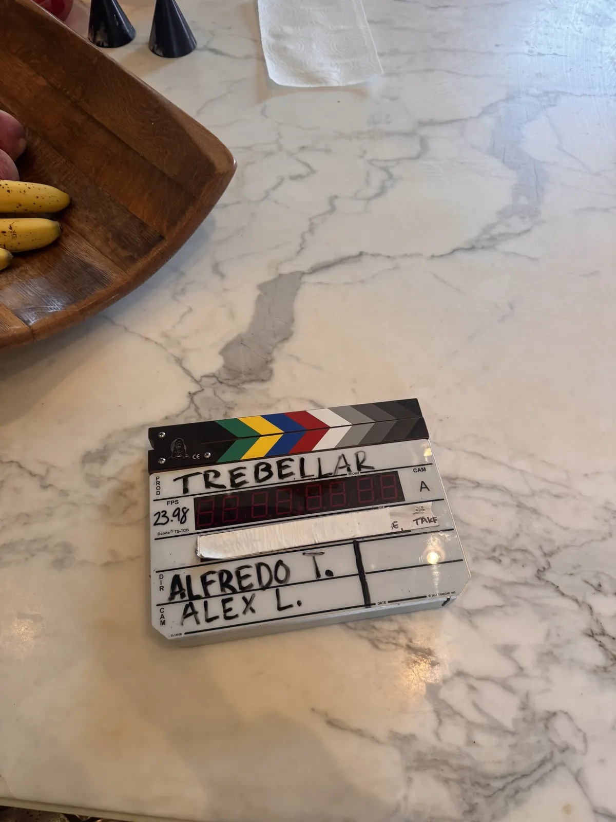 Slate for Trebellar's Series A announcement film on the kitchen counter before the first take