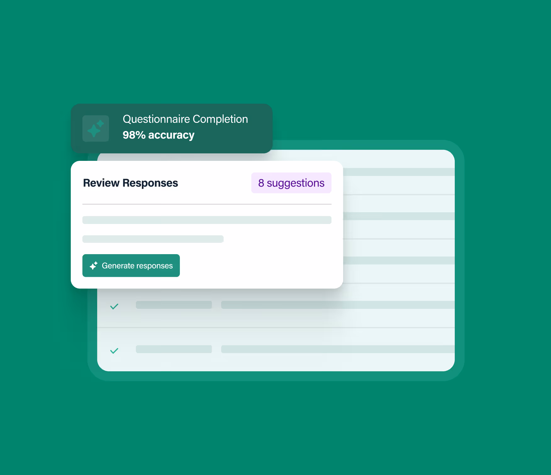 Interface showing questionnaire completion at 98% accuracy with 8 review suggestions and generate responses button.