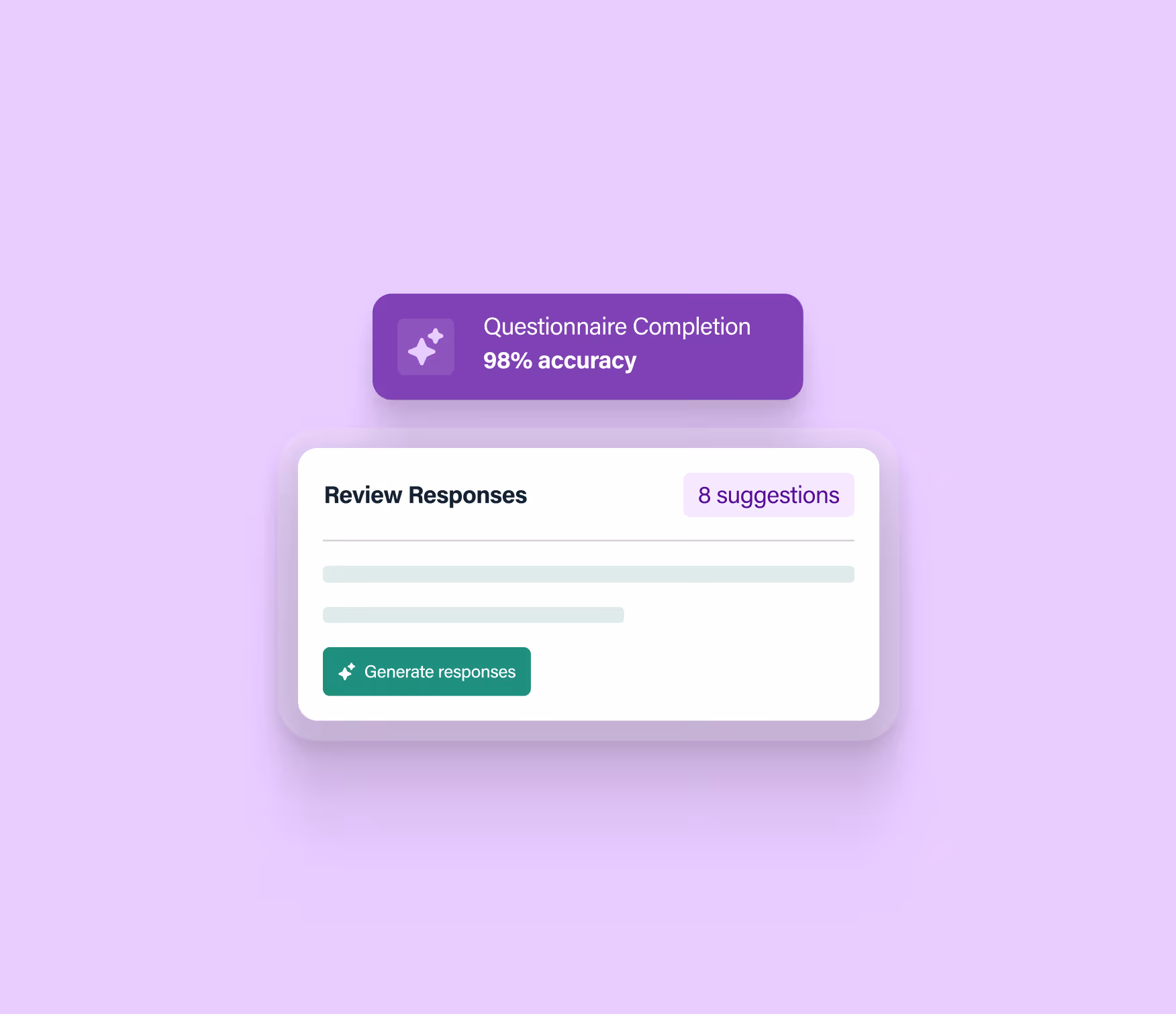 Dashboard showing questionnaire completion with 98 percent accuracy and a review section with 8 suggestions.