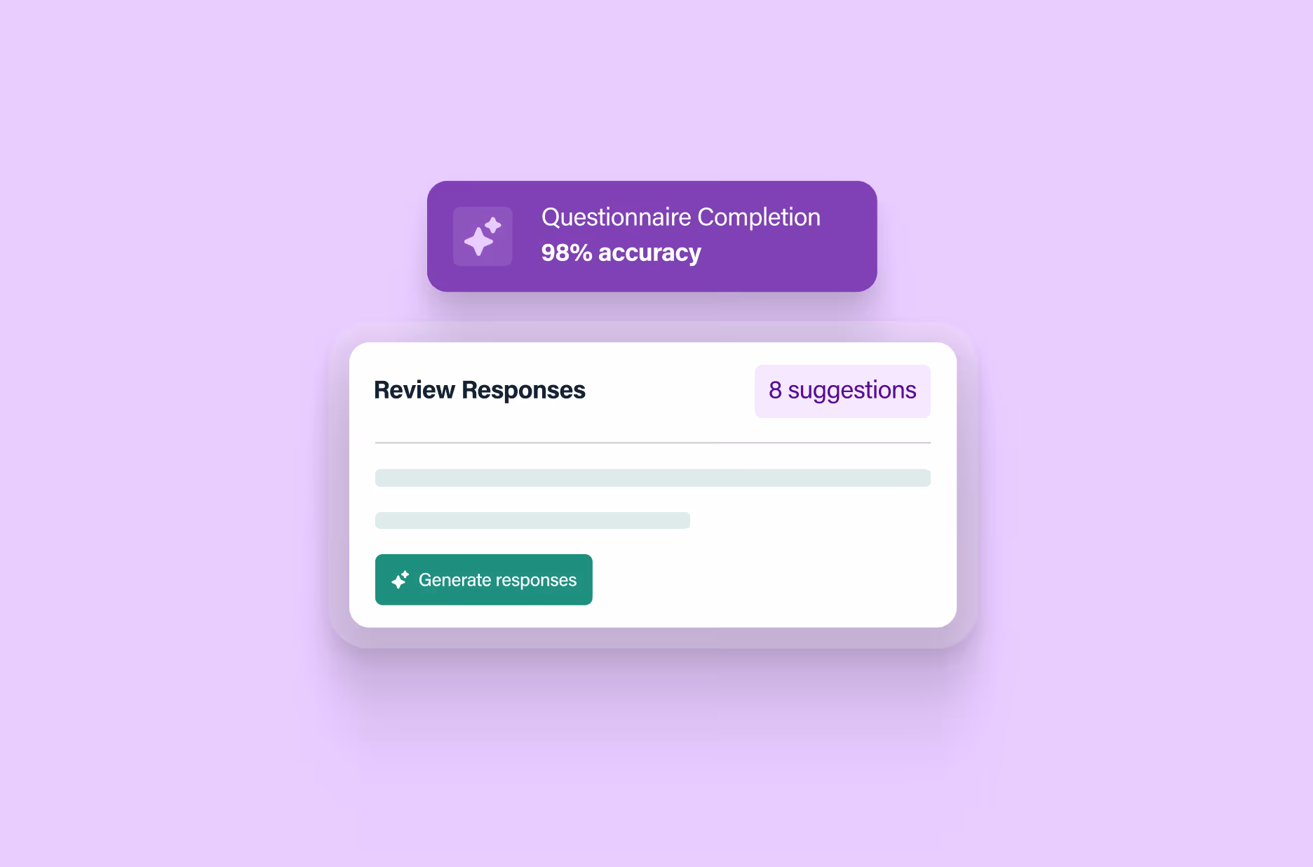 UI showing questionnaire completion at 98% accuracy with a review responses panel and 8 suggestions.