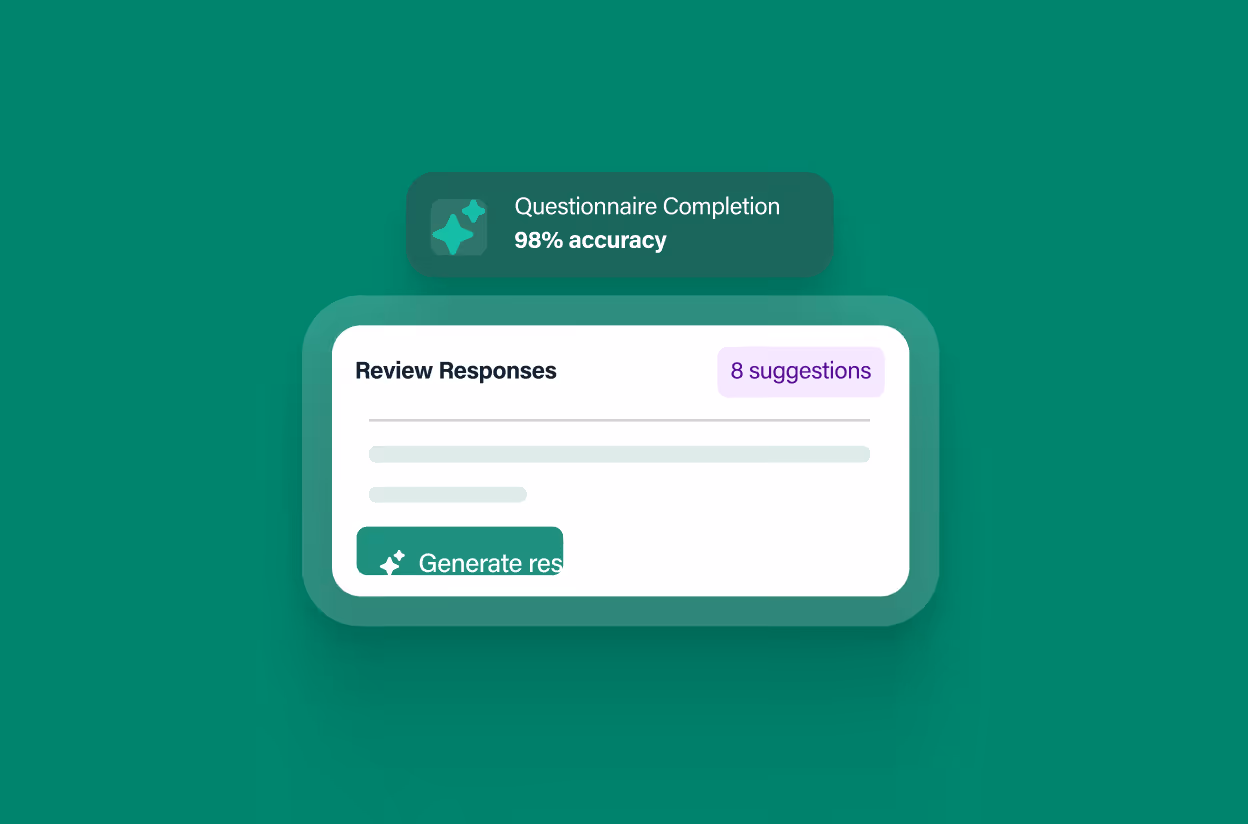 User interface showing questionnaire completion at 98% accuracy and option to review 8 suggestions.