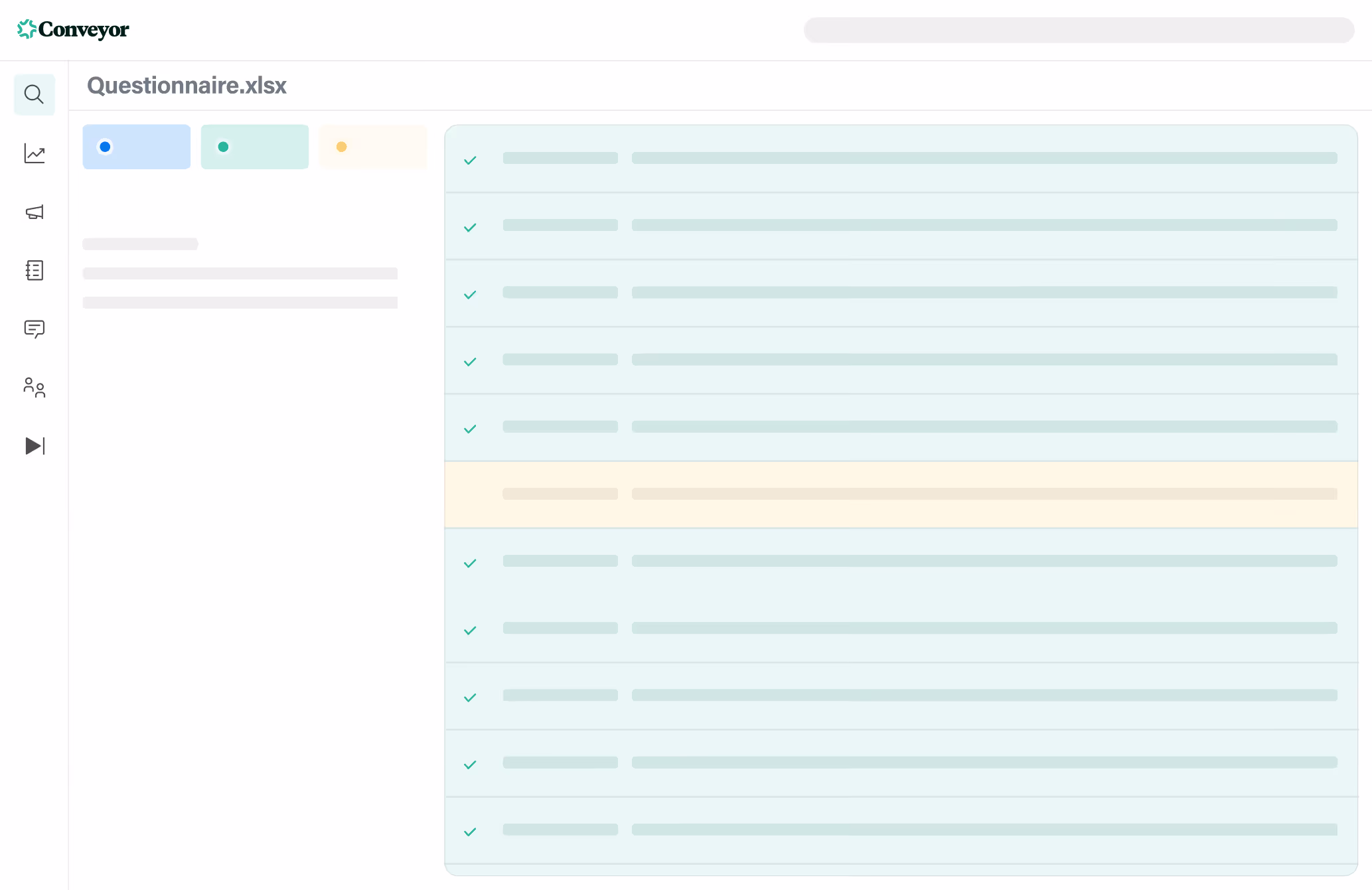 Dashboard interface showing a file named Questionnaire.xlsx with a list of completed and incomplete tasks.