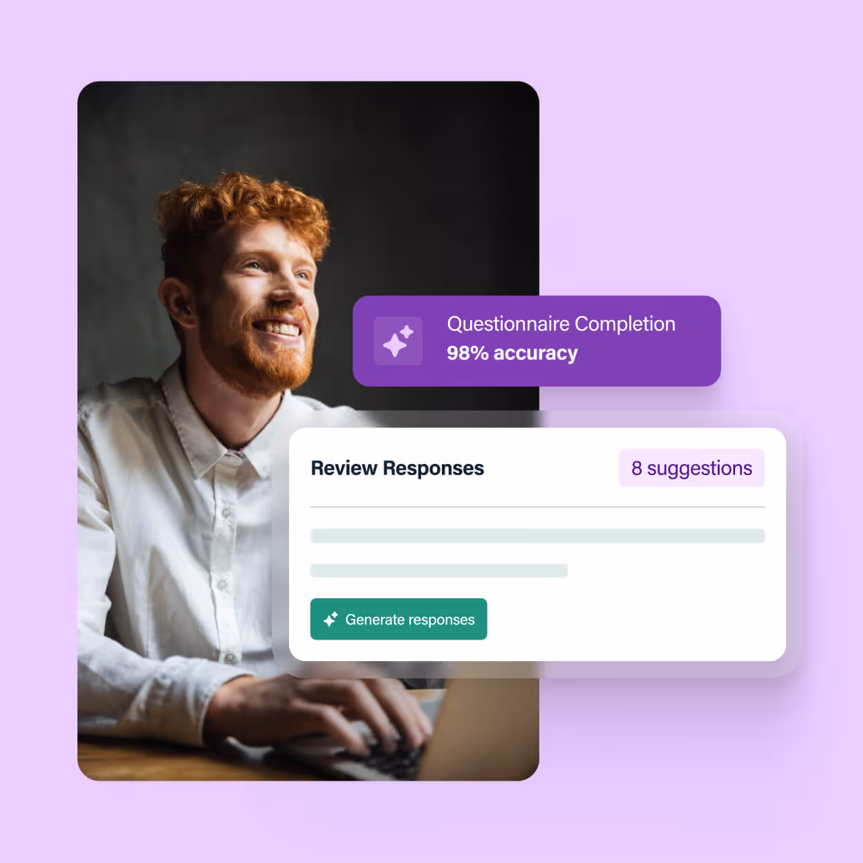 Smiling man with red hair typing on a laptop with pop-up showing 98% questionnaire accuracy.