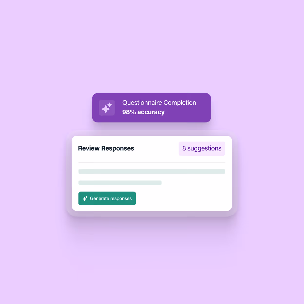 Interface showing 98% questionnaire accuracy, review responses, 8 suggestions, and a generate responses button.