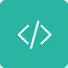 White code brackets symbol on a turquoise square background.