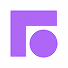 Purple geometric shapes including a square, circle, and cut-out quarter circle on white background.