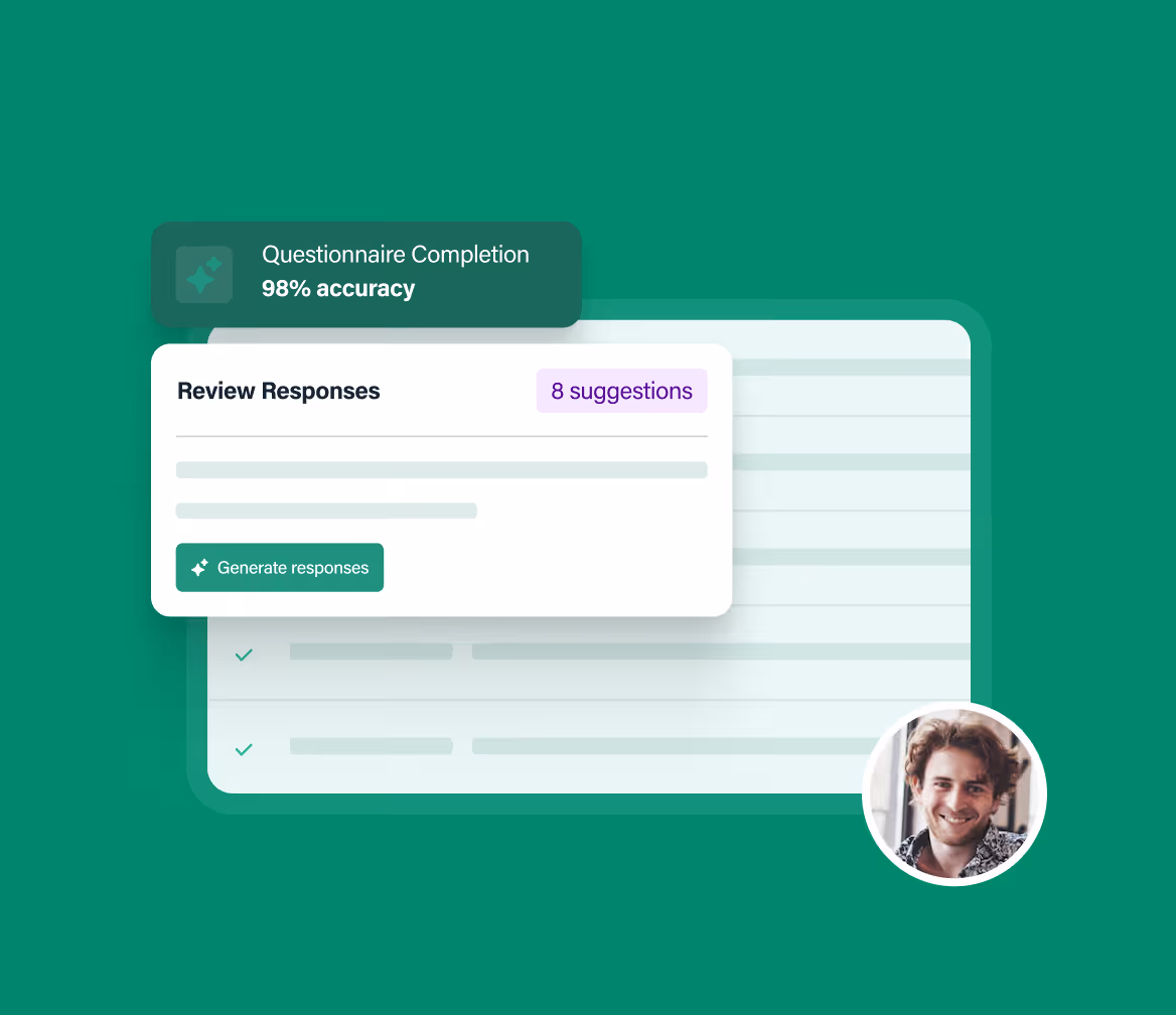Interface showing questionnaire completion at 98% accuracy and an option to generate responses with 8 suggestions.