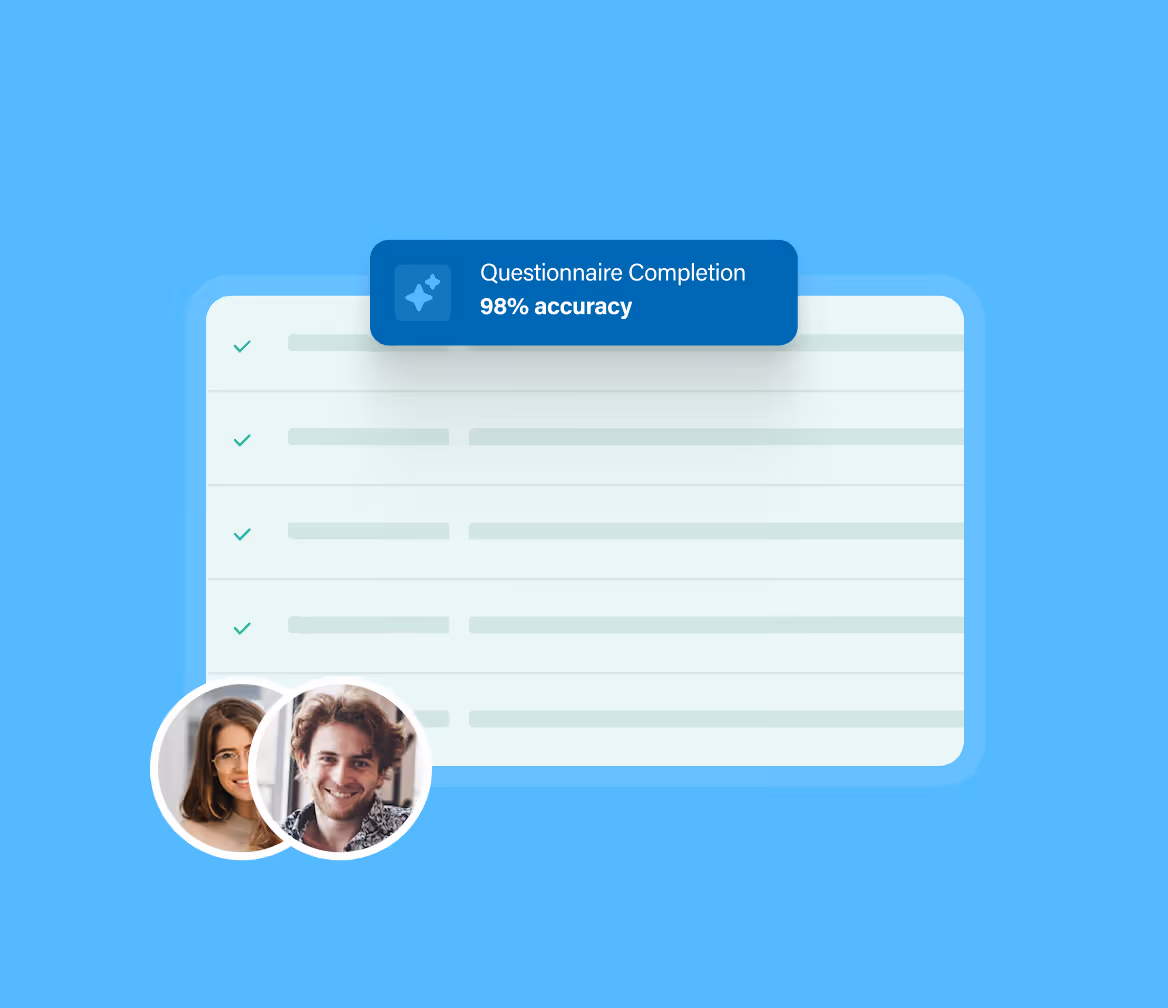 Checklist with green checkmarks, two user profile photos, and a badge stating 98% accuracy on questionnaire.