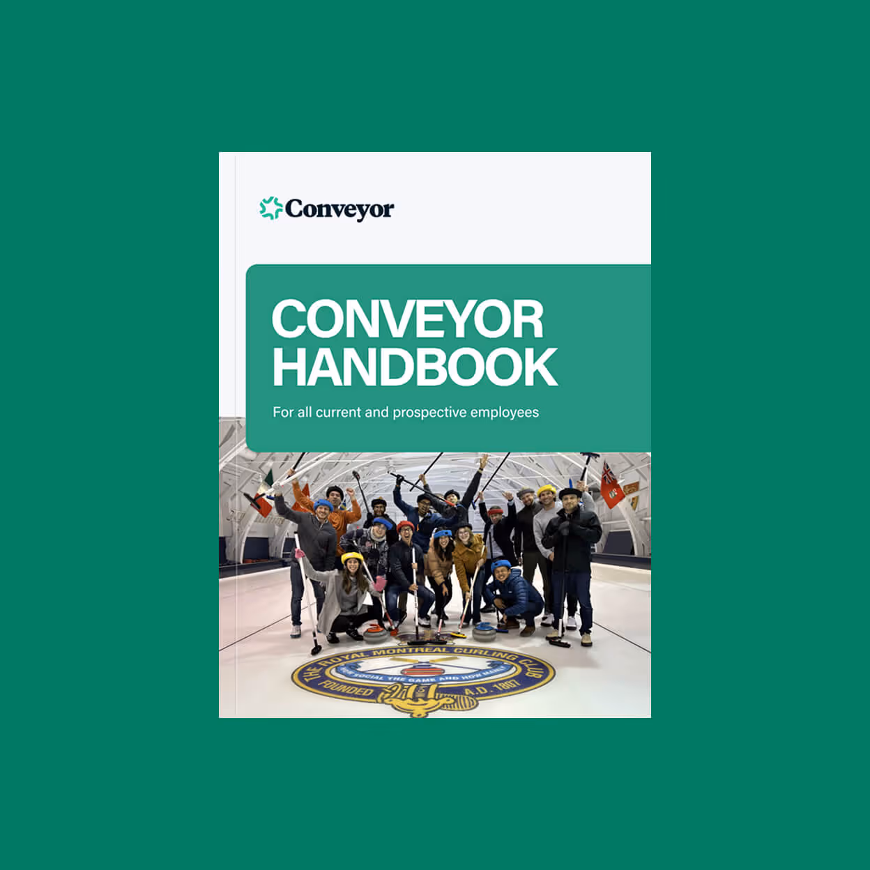 Cover of Conveyor Handbook with team of people holding curling brooms on an ice rink.