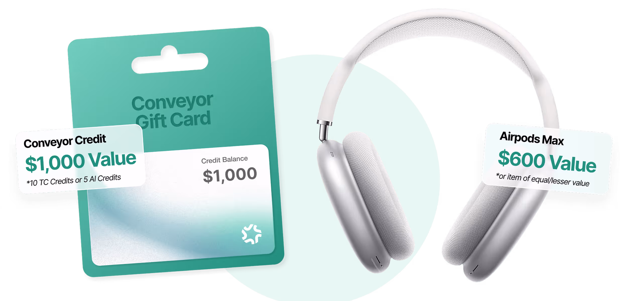 Conveyor gift card with $1,000 credit and AirPods Max headphones valued at $600.