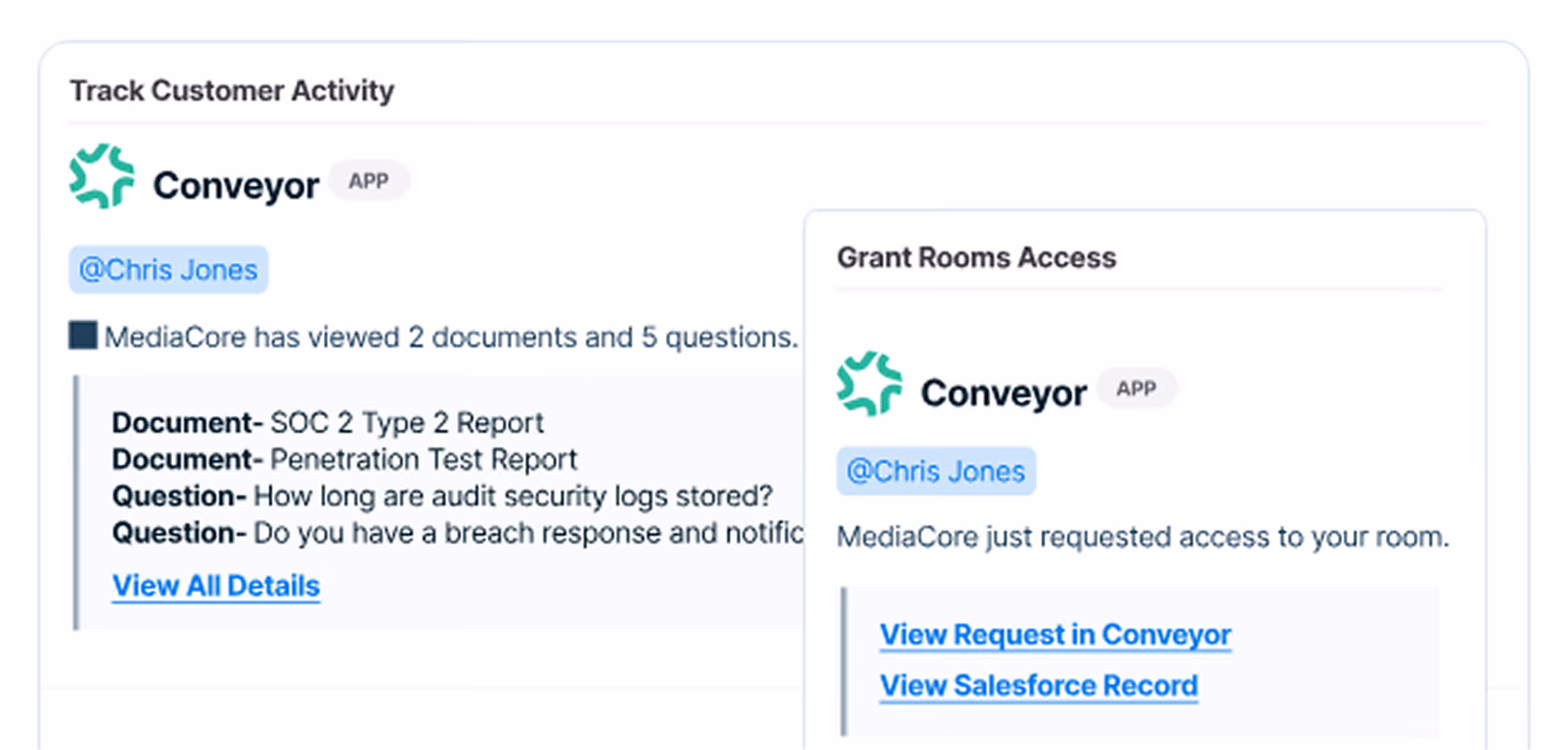 Conveyor app messages showing MediaCore viewed documents and questions, and requested room access by Chris Jones.