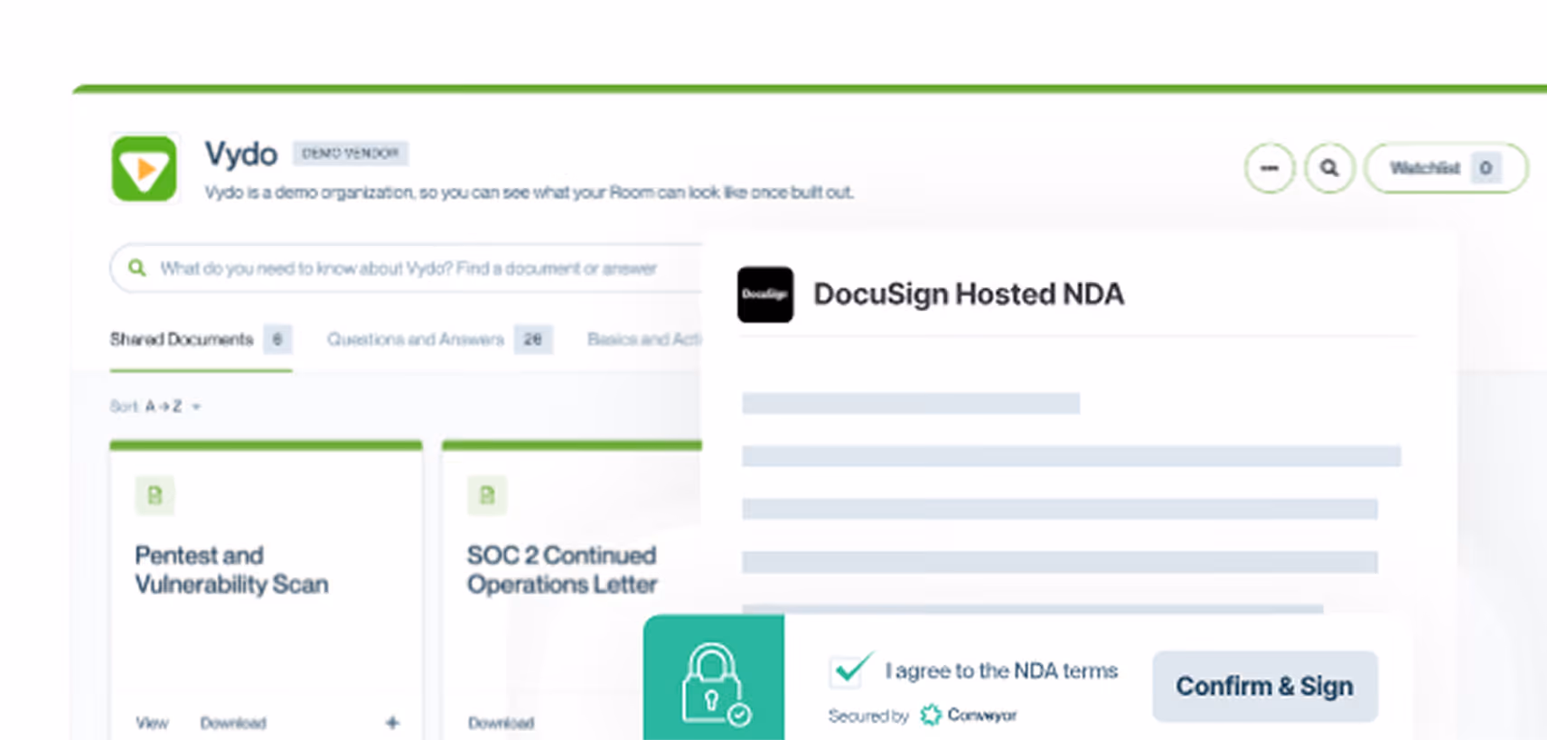 Vydo demo dashboard showing shared documents, search bar, and DocuSign Hosted NDA confirmation screen.