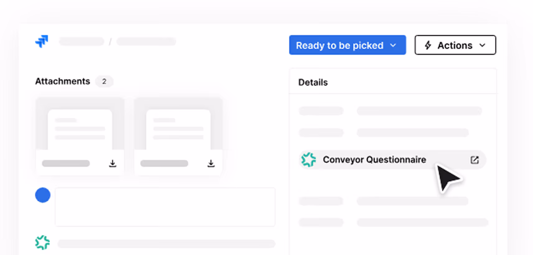 User interface showing attachments section and details panel with 'Conveyor Questionnaire' selected.
