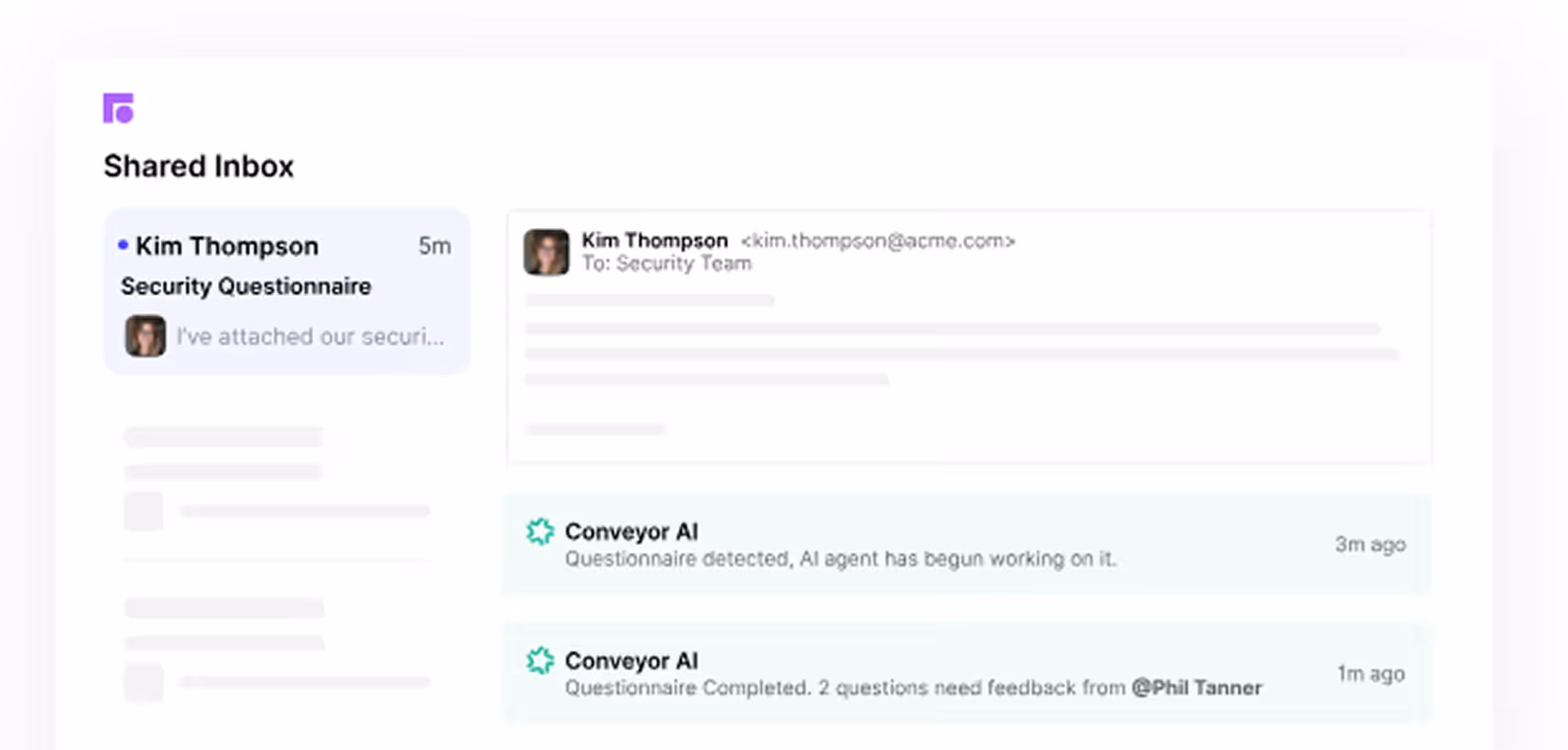 Shared inbox with email from Kim Thompson about a security questionnaire and AI agent updates.