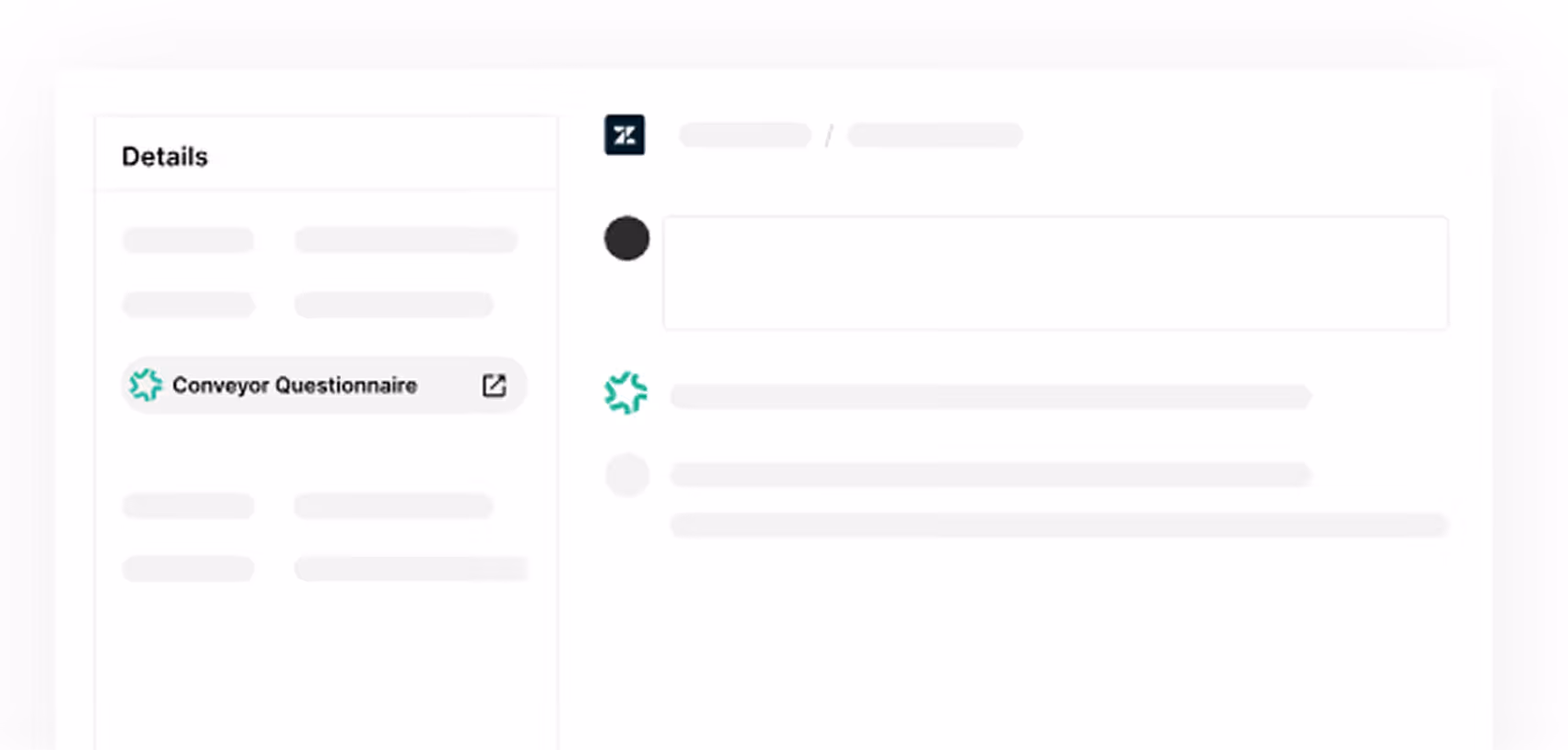 Dashboard interface showing a Conveyor Questionnaire link and partially blurred details and messages.
