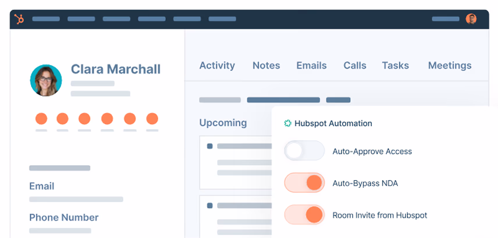 Dashboard screen showing user Clara Marchall's profile with automation toggles for access and invites.