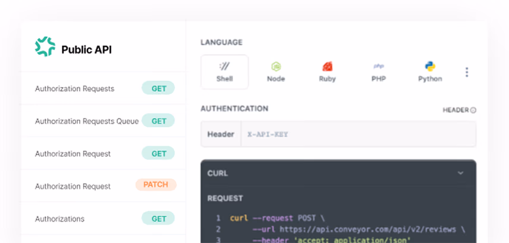 Public API dashboard with authorization requests, language options, authentication header, and sample cURL request.