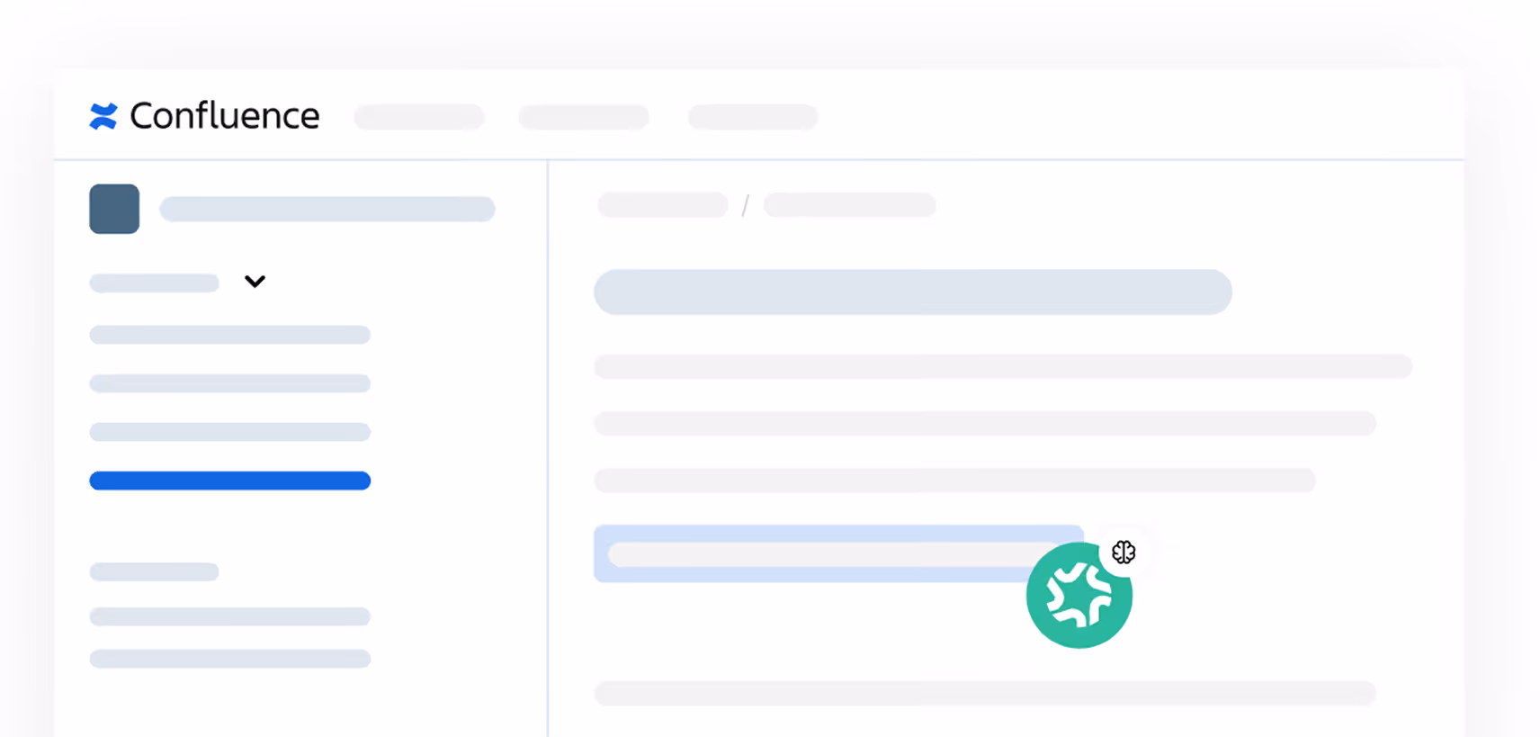Blurry Confluence interface with sidebar menu and main content area showing text and an icon.